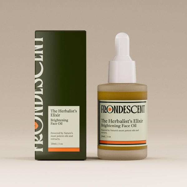 Frondescent skincare product with dropper bottle and box on a beige background