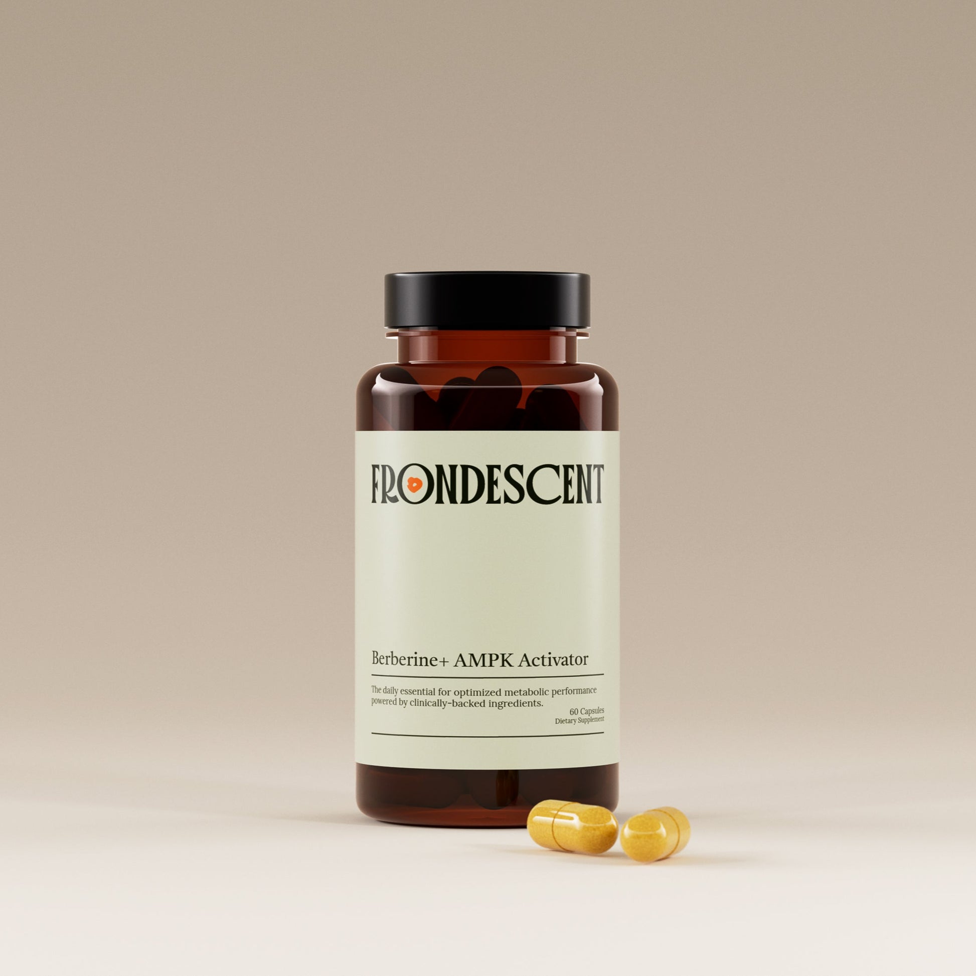 Frondescent berberine+ supplement bottle with capsules on a beige background