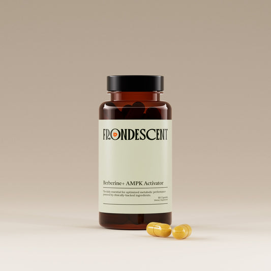 Frondescent berberine+ supplement bottle with capsules on a beige background