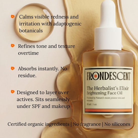 Frondescent skincare oil bottle with product features on a beige background