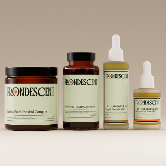 Collection of Frondescent products, Inositol Complex, Berberine, Scalp and Strands SOS, and Brightening Face oil