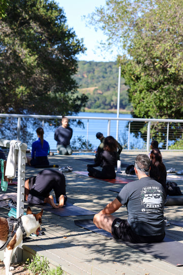 Group of people practicing yoga at the Morning Reset event