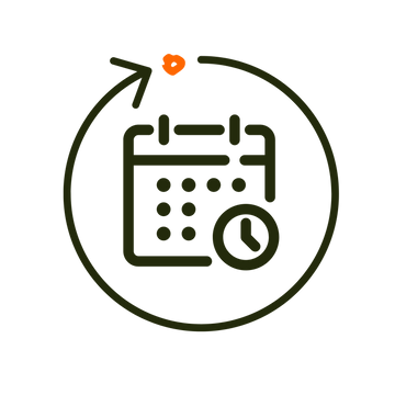 Icon of a calendar and an arrow, symbolizing delivery of products on time every month 