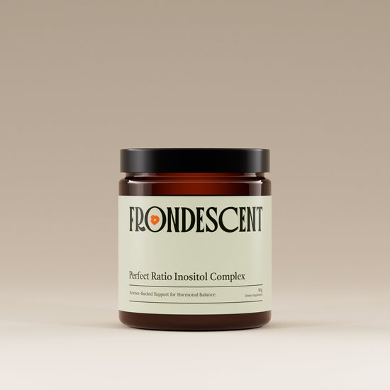Jar of Frondescent' perfecr ratio inositol product on a beige background