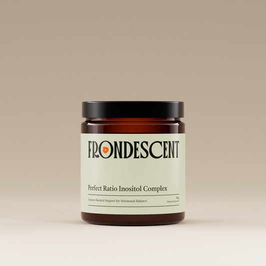 Jar of Frondescent' perfecr ratio inositol product on a beige background