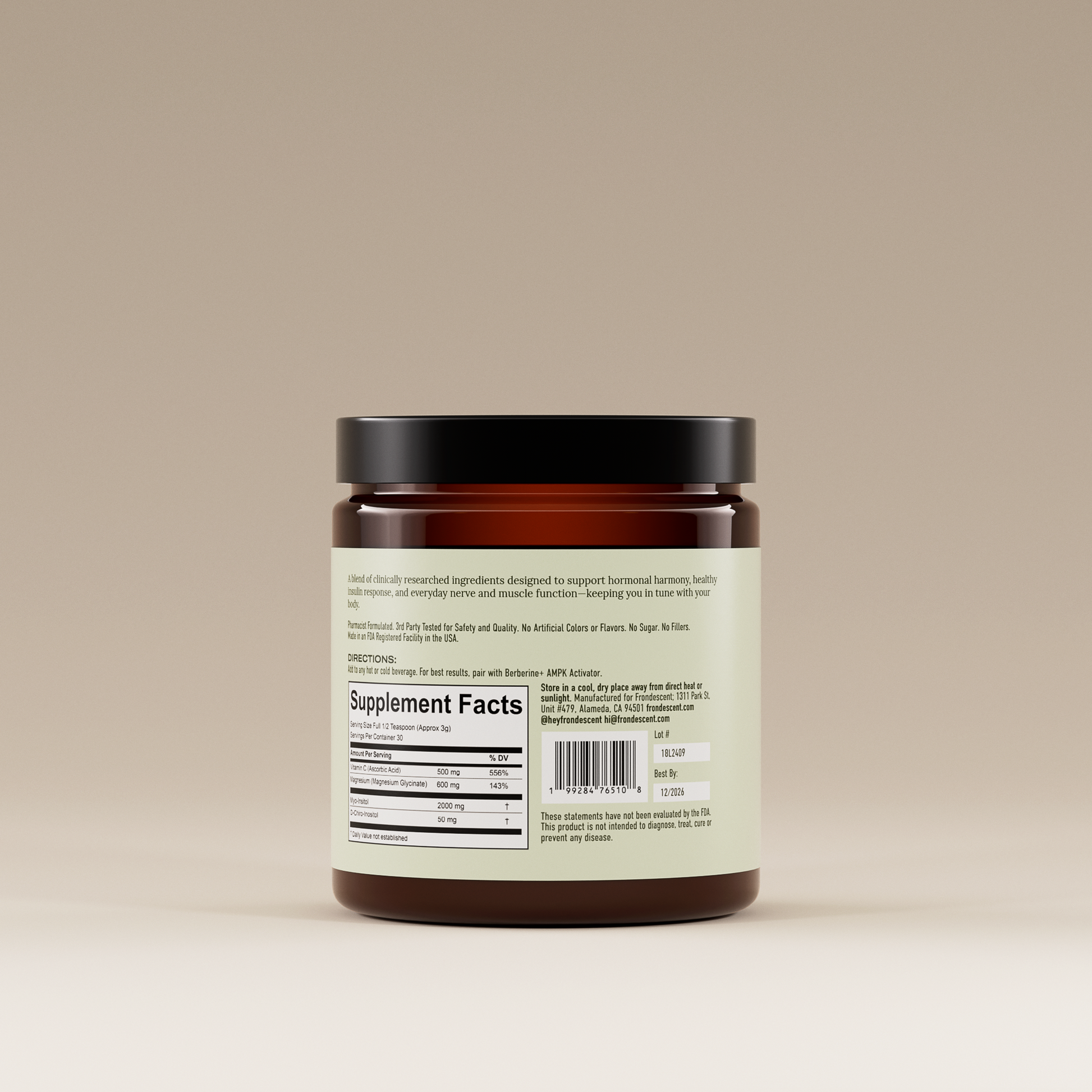 Back of Frondescent Perfect Ratio Inositol Complex powder supplement. Helps with hormones balance, and energy boost