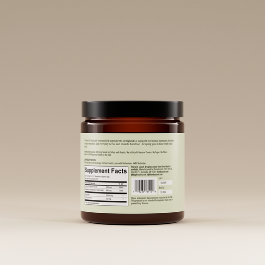 Back of Frondescent Perfect Ratio Inositol Complex powder supplement. Helps with hormones balance, and energy boost