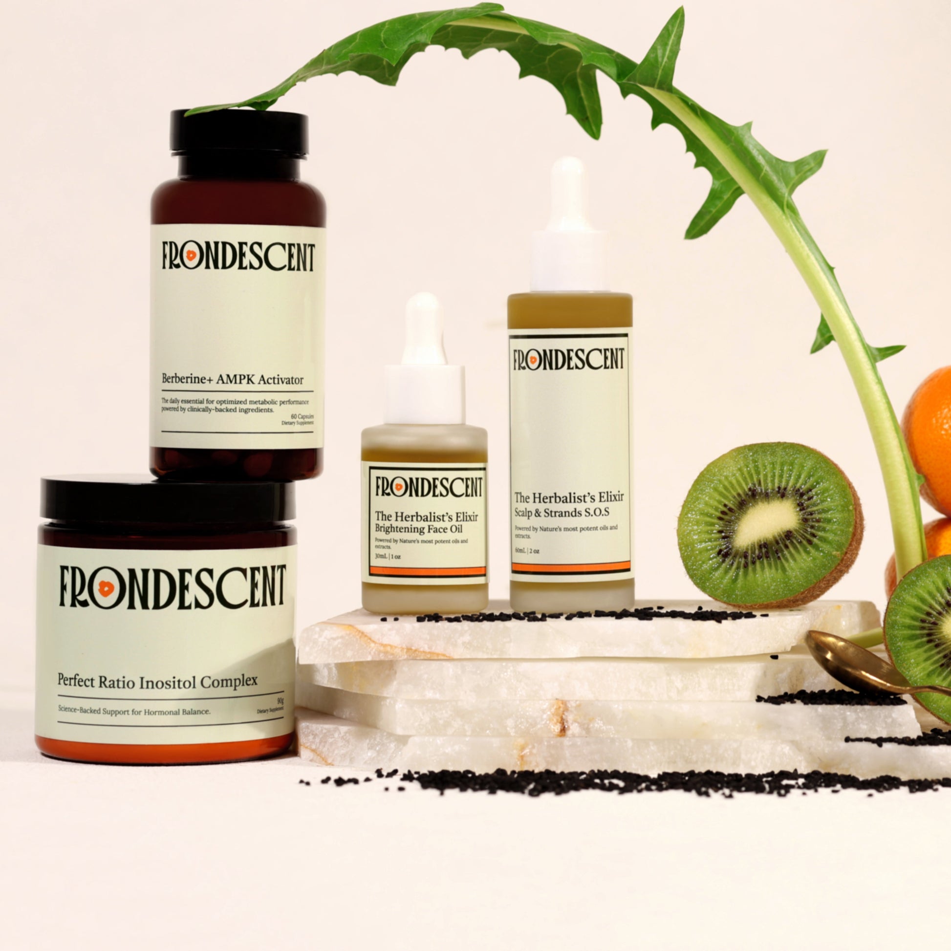 frondescent's full collection: berberine, inositol, hair oil, and face oil