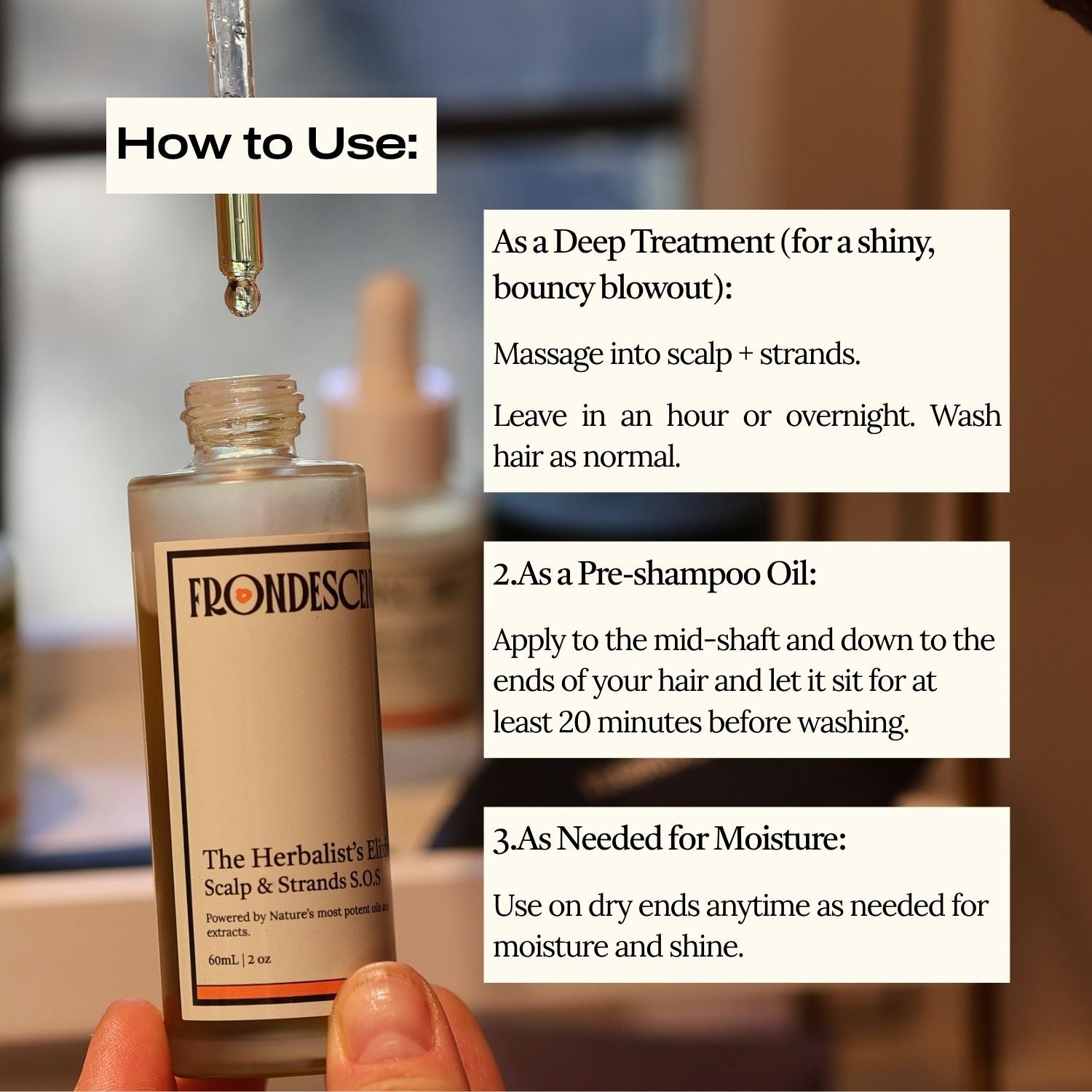 Bottle of Frondescent Scalp & Strands S.O.S. with usage instructions on a blurred background