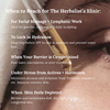 Frondescent face oil with text on its uses for facial massage, lymphatic work, hydration, barrier support, stress relief, and skin rejuvenation.