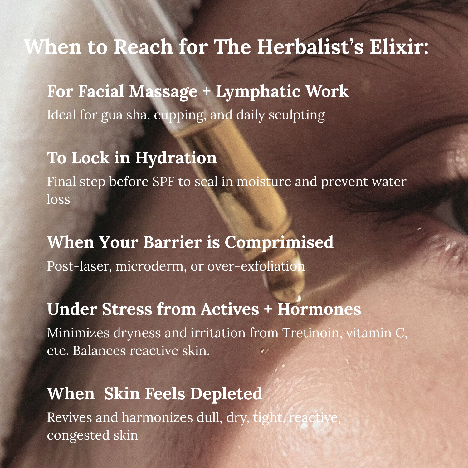 Frondescent face oil with text on its uses for facial massage, lymphatic work, hydration, barrier support, stress relief, and skin rejuvenation.